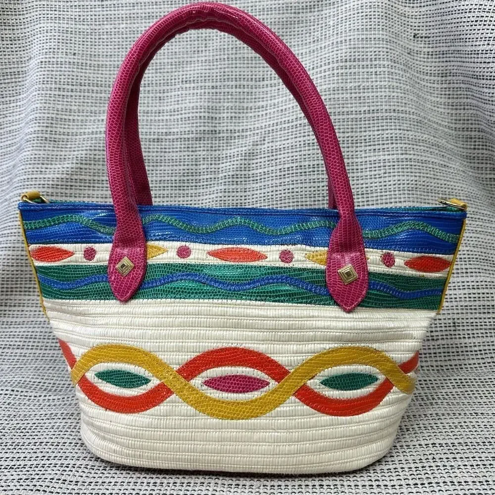 Vintage Rainbow 80s 90s Shoulder Bag Woven Straw‎ Maximalist Colorful Retro